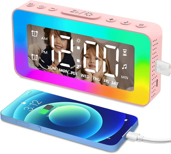Herätyskello 8 tilan RGB-yövalolla USB Pinkki