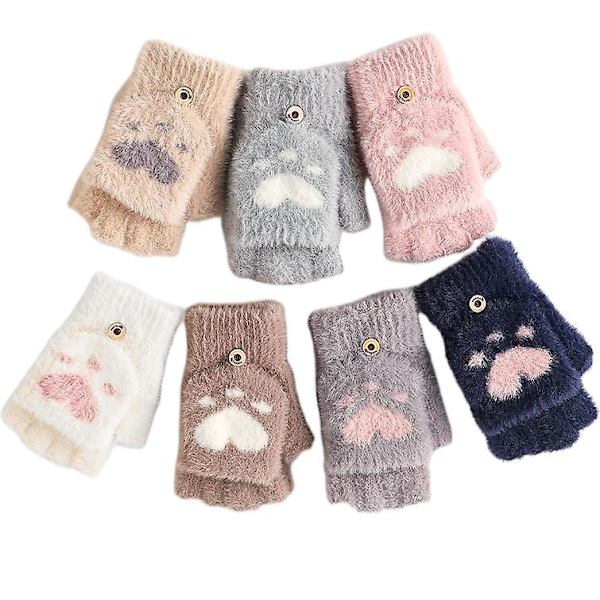 Kvinners vintervarme berøringsskjermhansker Cute Cat Claw Sensory Finger Less Mitten Khaki