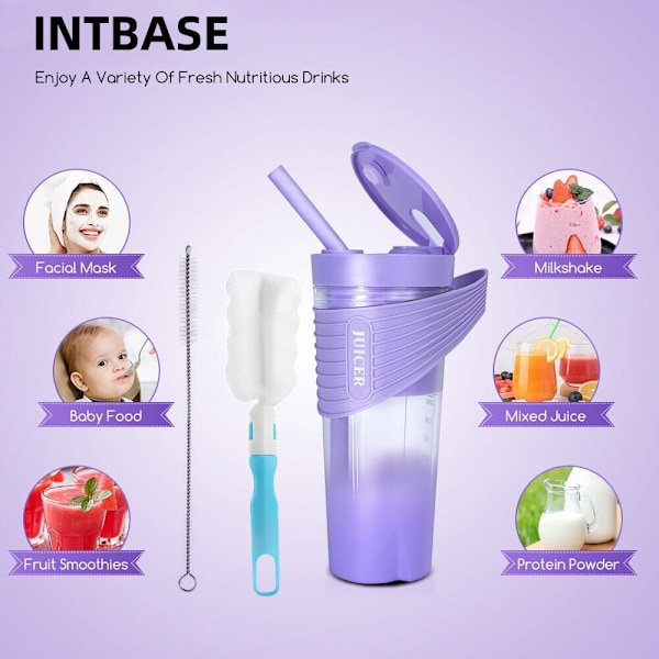 Bärbar mixerkopp för smoothies, shakes, USB-laddningsbar, 460 ml, lila