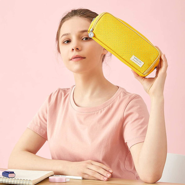 Case med stor kapacitet 3-fack påse Pennväska för skola Tonåring Flicka Pojke Män Kvinnor (gul) Yellow