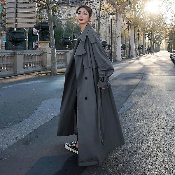 Trenchcoat för kvinnor Lös oversize lång jacka Dubbelknäppt bälte Dammantel Grå vindjacka Gray M