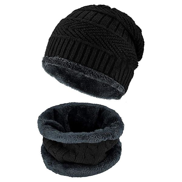 2-delad vintermössa och halsduk set varm stickad mössa stickad tjock halsduk set gåvor Black