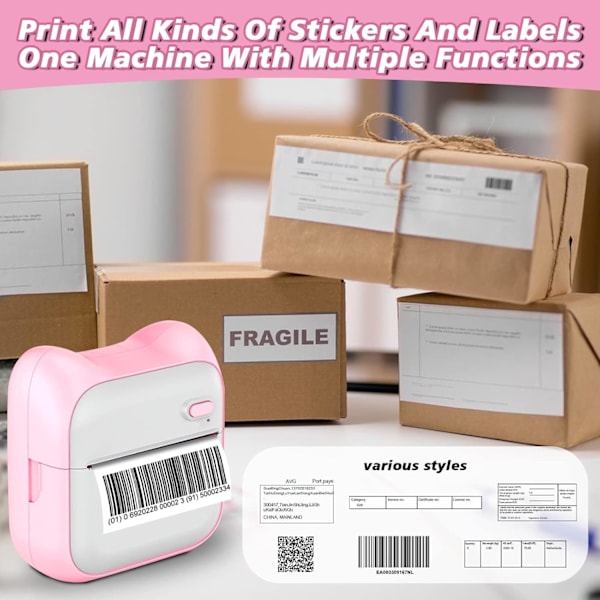 Bærbar Blækfri Termisk Stickerprinter Kompatibel med iOS og Android med 1 Rulle Papir Pink
