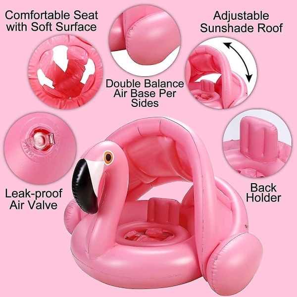Oppustelig Pink Flamingo Baby Svømmering Med Solbeskyttelse Sommer Pool Legetøj