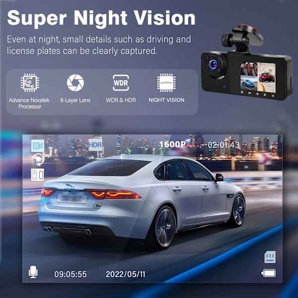 Autokamera 4K 1080P Full HD Auton Ajotallennin 3-Kanavainen Autokamera Infrapuna Yönäöllä
