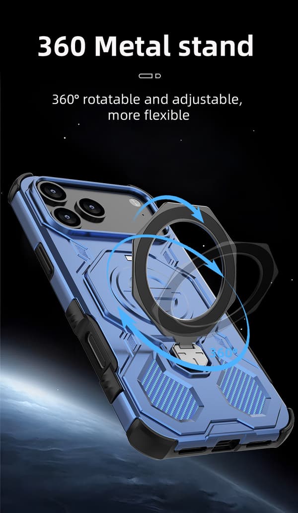 Etui til iPhone 17 Pro med 360° roterende magnetisk beslag, blå