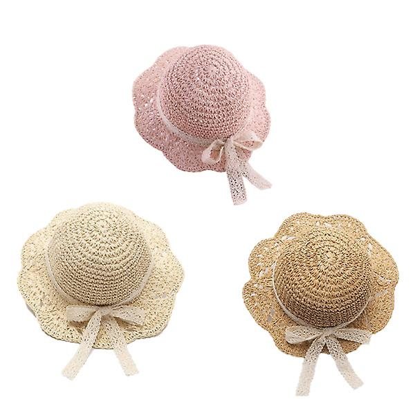 Børns stråhatte Baby piger åndbar blonder Cap bue Strand Solhat Bred skygge Børn Prinsesse rejse solskærm Hat Beige