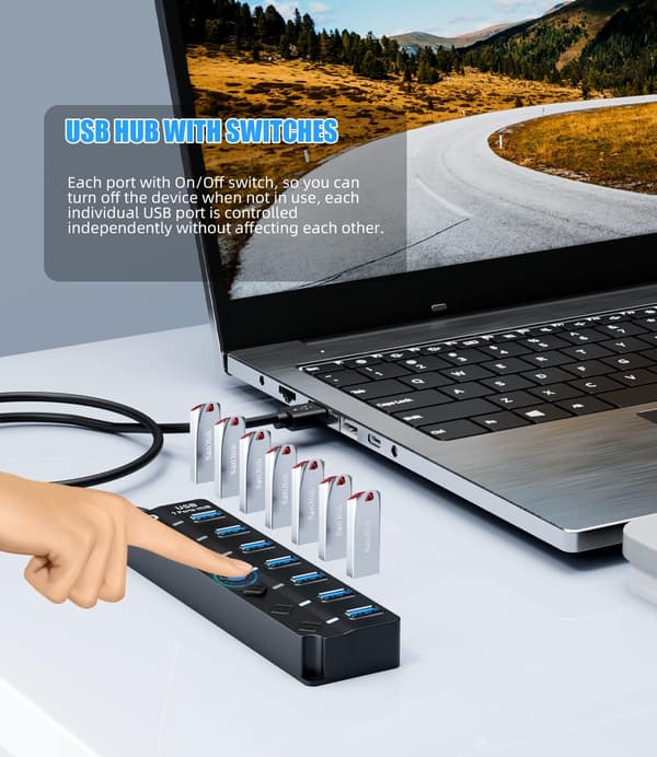 7 Port USB 3.0 Hub Extender med Individuel On/Off til Laptop, Surface Pro