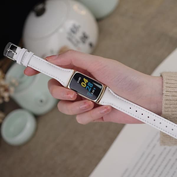 Til Fitbit Charge5 Mijobs Slim urrem i ægte læder White-Silver