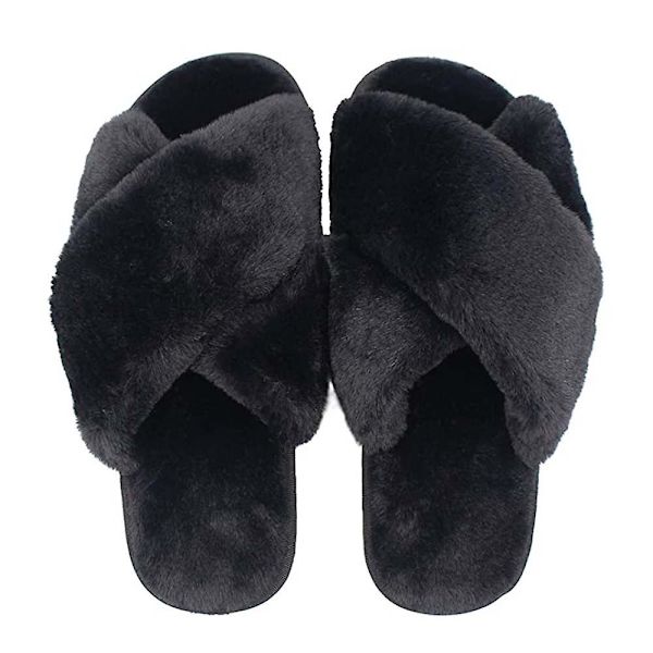Damtofflor, öppna tår, fluffiga och mysiga husslippers med minnesskum Black 38-39
