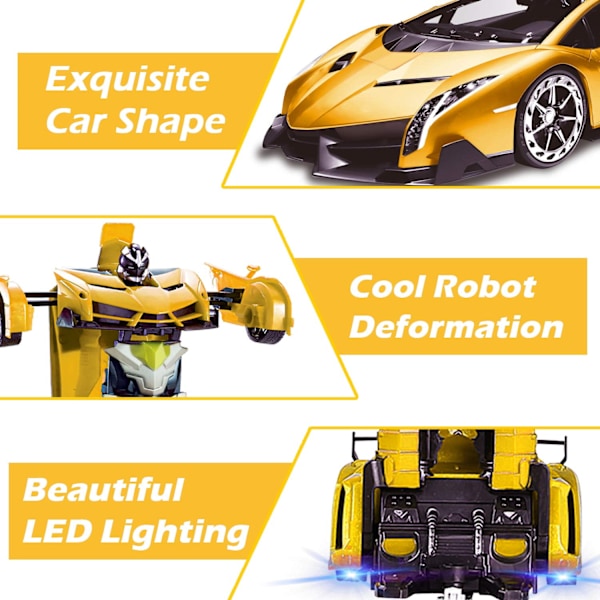 Kauko-ohjattava muuntautuva auto robottilelu 2.4Ghz 1:18 ladattava 360° pyörivä temppukilpailu keltainen