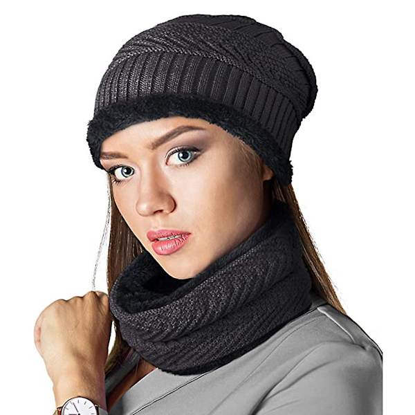 2-delad vintermössa och halsduk set varm stickad mössa stickad tjock halsduk set gåvor Dark gray