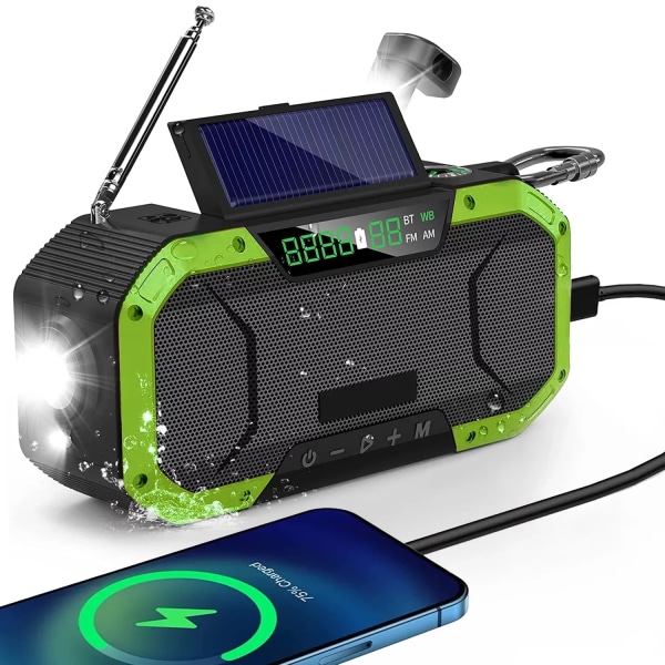 Emergency Weather Radio, 5000mAh Solar Hand Crank Radio, AM FM NOAA Weather Alert Radio med Bluetooth-høyttalere/ lommelykt/ SOS, grønn