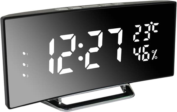 Väckarklocka LED med modern böjd design, 3 alarm, Snooze, Vit