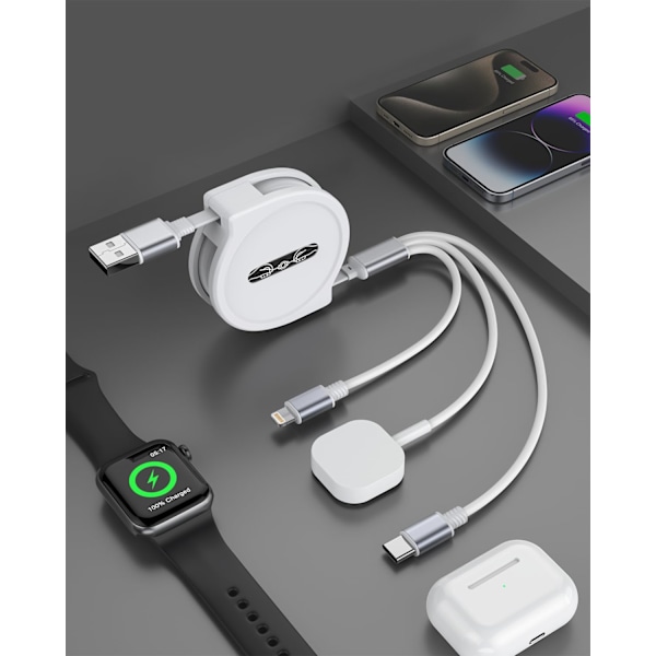 Uttrekkbar Telefon iwatch Laderkabel, Oppgradert Multi 3 i 1 USB-lader for Apple Watch-lader+Lightning + Type C Kompatibel med iWatch