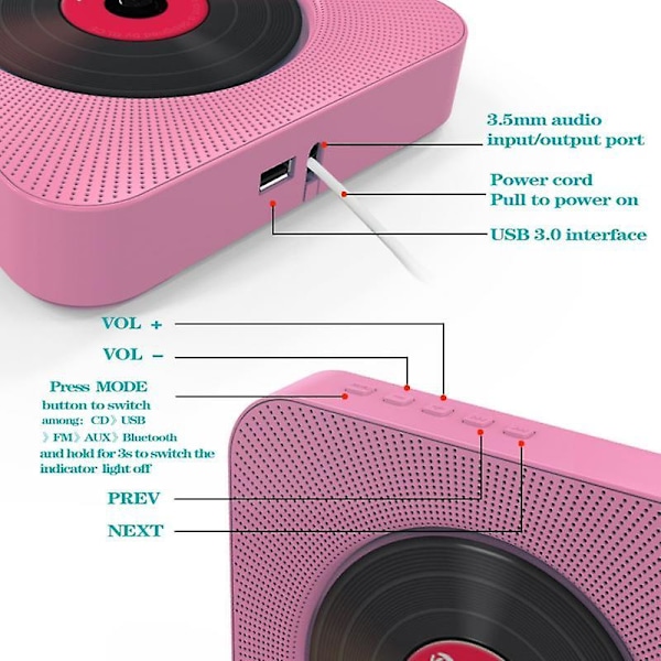 Bluetooth Cd-spelare Väggmonterbar Hem Audio Boombox Med Fjärrkontroll Hifi Högtalare Full Band Fm Radio white