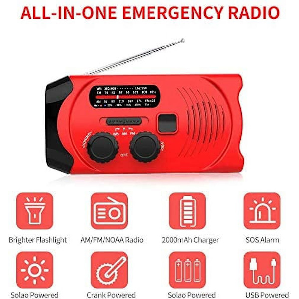 Hätäsääradio, hätä-LED-taskulamppu, 2000mAh power ja SOS