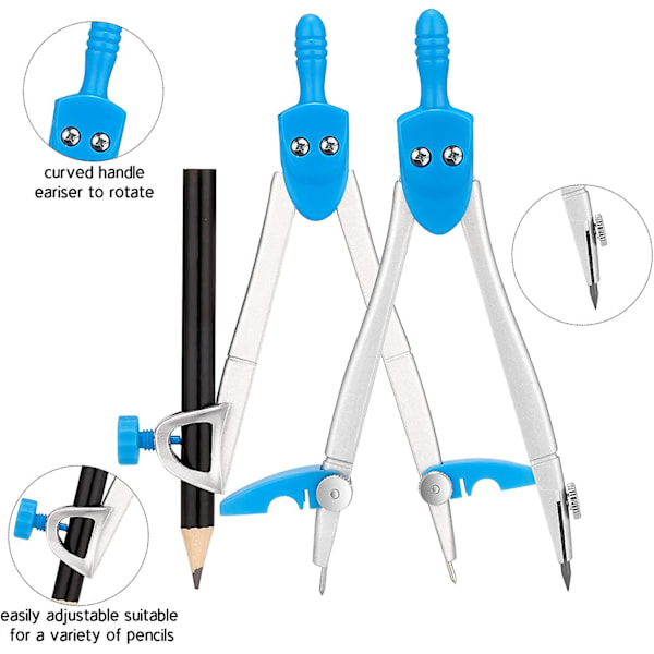 10 delar geometri matte tillbehör kit inklusive passare, gradskiva, linjal, suddgummi, penna, blyertsrefill, pennvässare, förvaringslåda för ritning och mätning