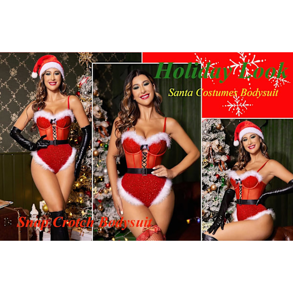 Underkläder för Kvinnor Knäppning i Grenen Bodysuit Jultomte Kostymer Djup V Boudior Outfits