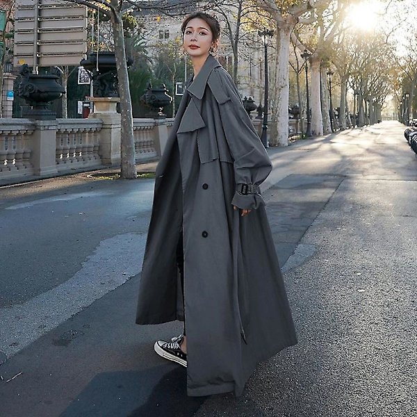 Trenchcoat för kvinnor Lös oversize lång jacka Dubbelknäppt bälte Dammantel Grå vindjacka Gray L