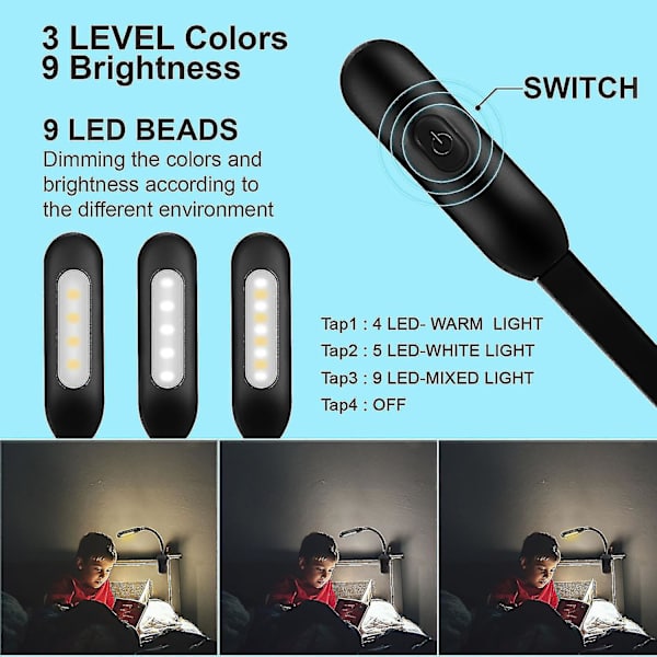 Kirjanvalo, ladattava lukulamppu, 9 LED-kirjanvalo lukemiseen sängyssä 3 kirkkaudella, helppo lukulamppu