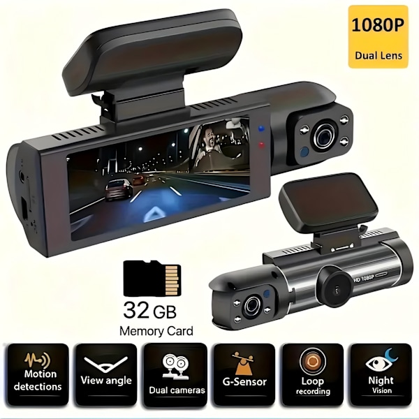 Camrea Bilkamera Optager 1080P Dual-Kamera Bil DVR med Front- & Indvendig Visning Loop Optagelse 3.16\" IPS Skærm