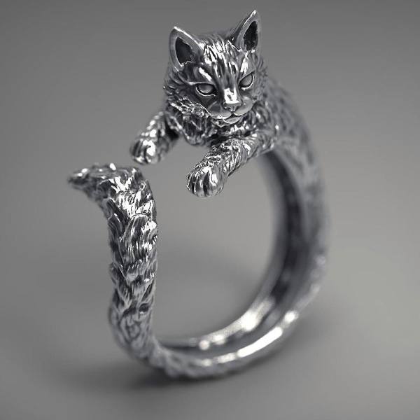 Vintage Thai Silver Cat Ring Pet Live Mouth Ring Justerbar Ring Hona