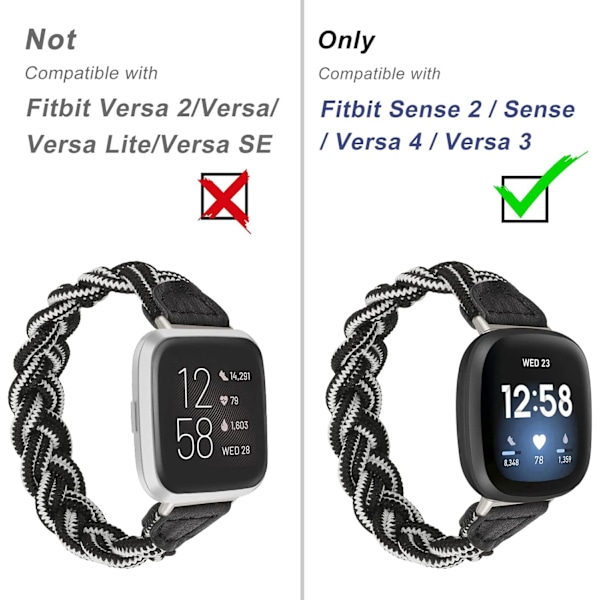 Elastiskt armband kompatibelt med Fitbit Sense /Fitbit Versa 3 /Sense 2 /Versa 4 för kvinnor, tunt, smalt, flätad rem, stretchig svart vit XS passform