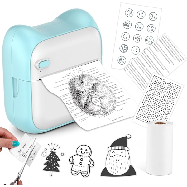 Bærbar Blækfri Termisk Stickerprinter Kompatibel med iOS og Android med 1 Rulle Blåt Papir