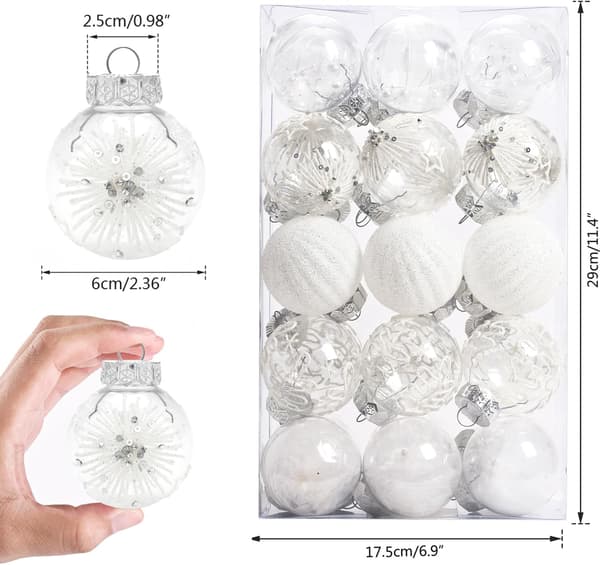 Julekule 6cm, knusesikker juletrepynt i plast (hvit - 30 stk)