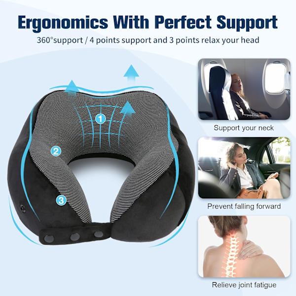 Memory Foam Resekudde Justerbar Nackkudde med Ögonmask, Öronproppar svart