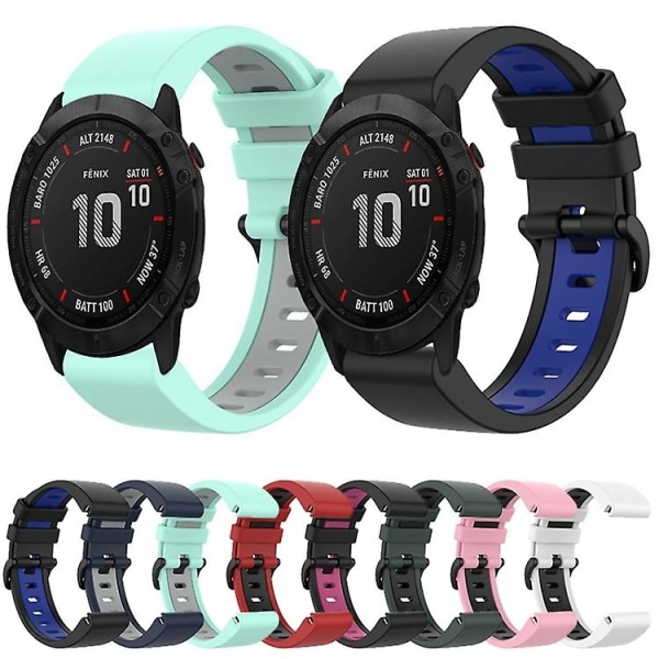 For Garmin Fenix ​​6x Pro 26mm Silikon Sports To-farget Klokkebånd White-Black