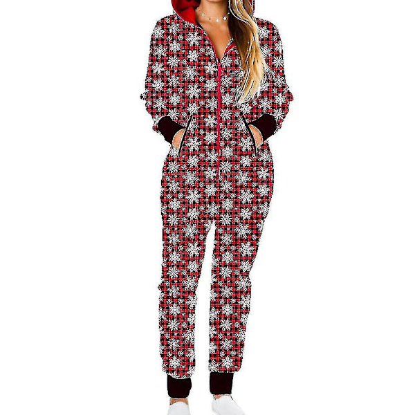 Dame Jul Onesie En-delt Glidelås Jumpsuit Hoodie Playsuit Pyjamas Xmas Nattøy Loungewear Snowflake Plaid M