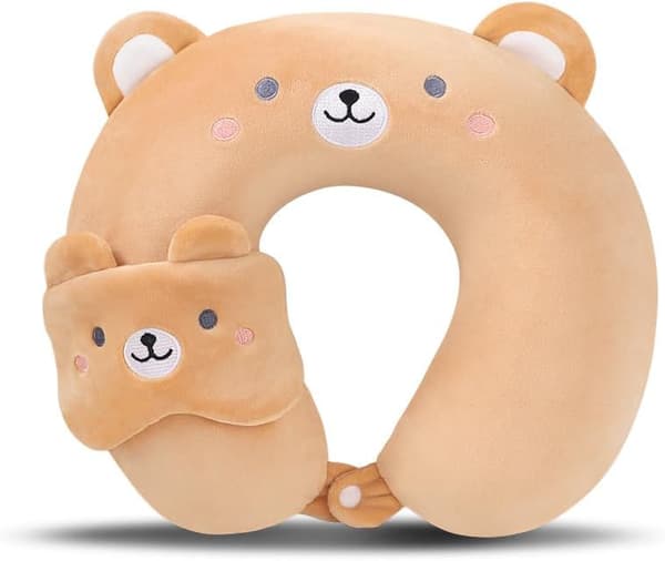 Resekudde i Memory Foam för Barn med Sovmask (brun björn)