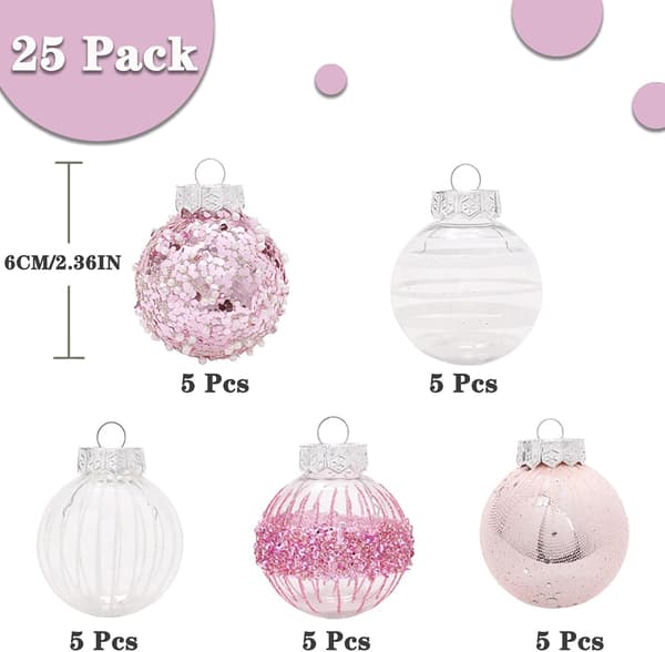 6 cm julekuler i plast, knusesikre, julepynt (rosa hvit – 25 stk.)