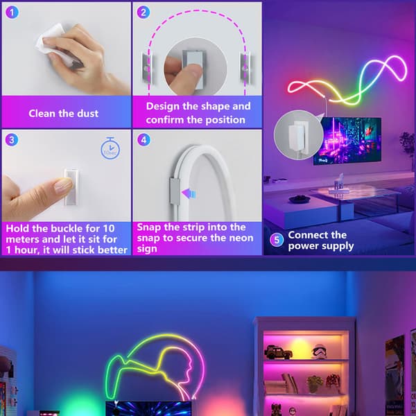 LED Lysstripe, USB fleksibel silikon RGB neonlys med 3 knappkontroller for rom, husfest (3M)