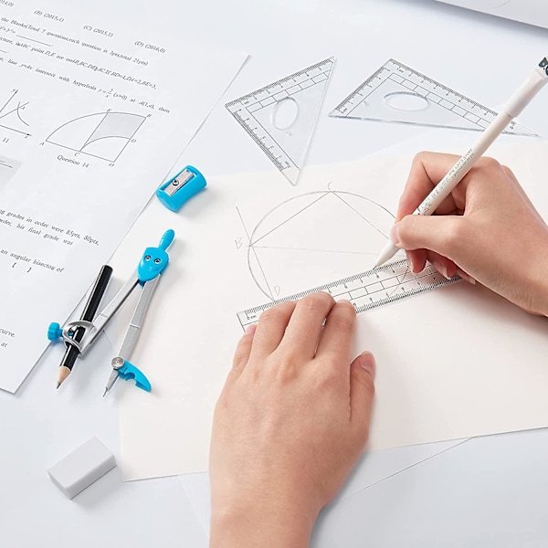 10 delar geometri matte tillbehör kit inklusive passare, gradskiva, linjal, suddgummi, penna, blyertsrefill, pennvässare, förvaringslåda för ritning och mätning