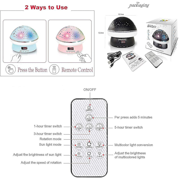 Stjerneprojektor Nattlys Til Barn Timer Babylampe Med Fjernkontroll 16 Fargerik Rotati Red
