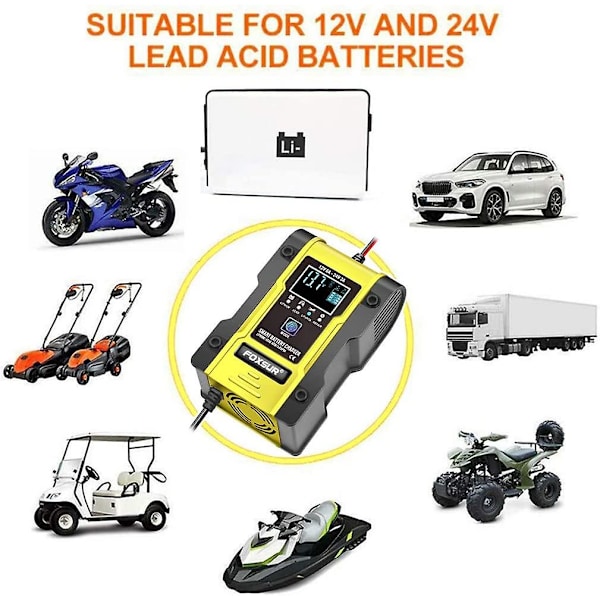 Lithium batterioplader, 12v/24v 6amp fuldautomatisk intelligent bilbatterioplader (lithiumbatterier, blysyrebatterier, calcium osv.)/vedligeholder yellow