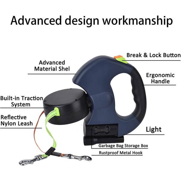 Dobbel uttrekkbar bånd for 2 hunder, 3 m dobbelt bånd med LED-lys og bånddispenser
