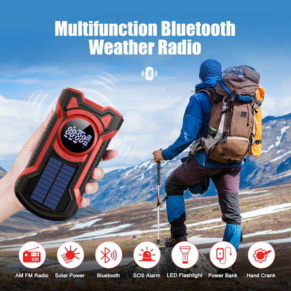 Håndsving Solar Nødradio med Lommelygte Bærbar Bluetooth Am/Fm/ Vejrradio 5000Mah/Rød