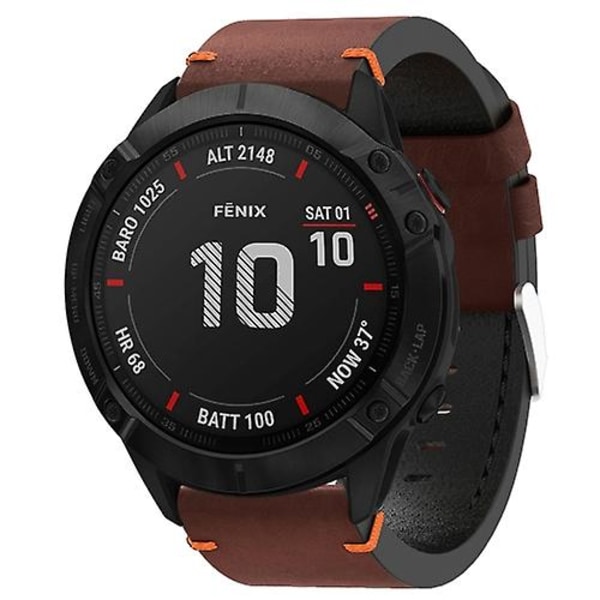 Til Garmin Fenix ​​6x Pro 26mm læder sutur stålspænde urbånd Coffee