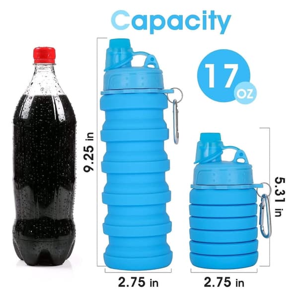 Bærbar silikone foldevandflaske 500ml med karabinhage Blue