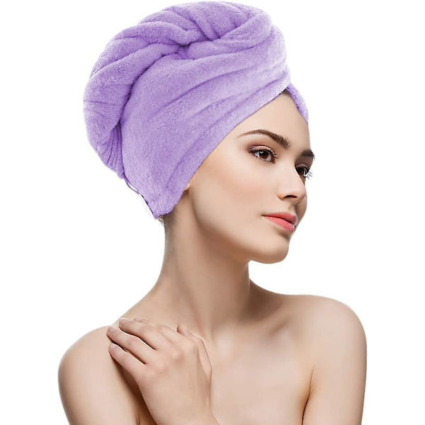 Mikrofiberhårhandduk, magisk hårturban med knapp, badmössa för snabb torkning, kompatibel med kvinnor och barn Purple