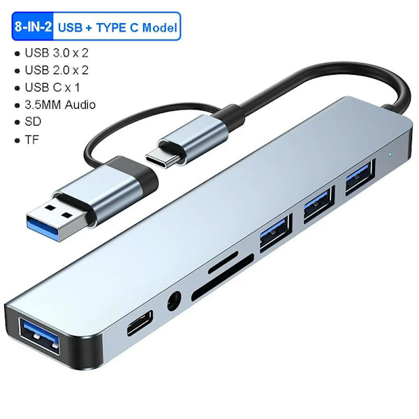 Feylan 8-IN-2 USB-keskitin 3.0 USB C -keskitin telakointiasema 5 Gbps:n suuri nopeudella USB-jakaja tyyppi C - USB OTG -sovitin Macbook Prolle 8-IN-2