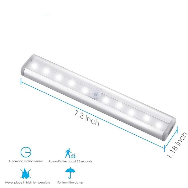 Bevegelsessensorlys innendørs, 10 LED-bevegelsessensor skaplys batteridrevet magnetisk under skaplys stripe trådløs pinne opp nattlys bar
