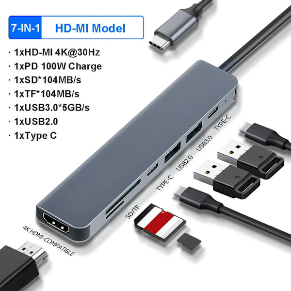 Feylan USB C -keskitin 4K 30Hz tyyppi C HDMI-yhteensopivaan USB 3.0 -sovittimeen 11 in 1 tyyppi C -keskitin telakka PD 87W USB C -jakaja MacBook Pro Airille 7-in-1