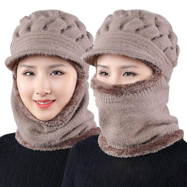 Dame Beanie Hat Vinter Hatte Halstørklæde Maske Midaldrende Gamle Varm Øreværn Cap Mom Gift Khaki
