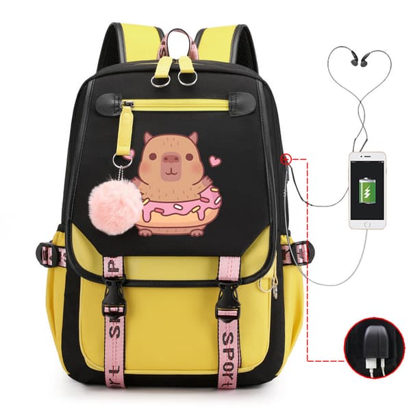 Capybara Studenter Rygsæk Stor kapacitet vandtæt rygsæk med USB-opladningsport M045