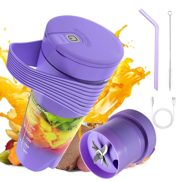 Kannettava tehosekoitin smoothieille, pirtelöille, USB-ladattava, 460 ml, violetti